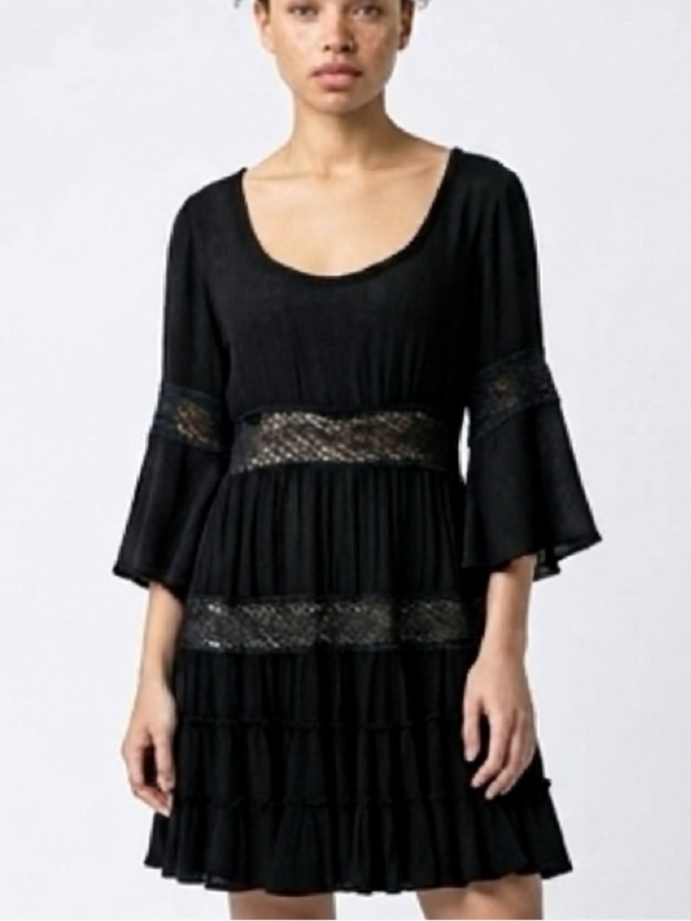Free People Black Boho Mini Dress Bell Sleeves Lace Tiered Rayon Women’s S/P